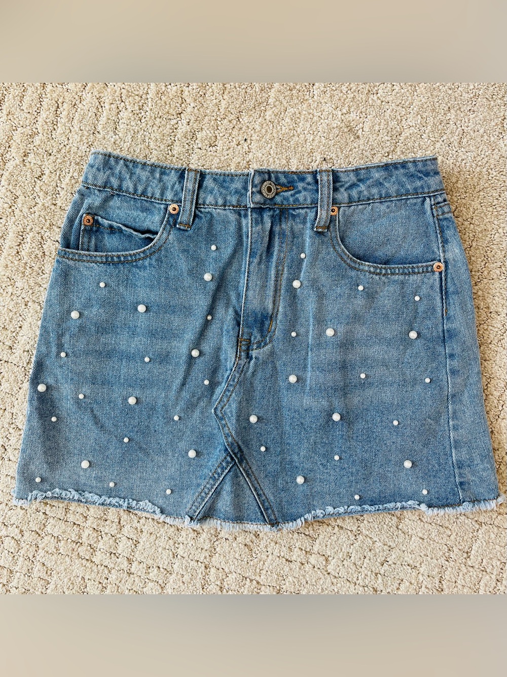 Pearl-Embellished Denim Mini Skirt - Light Blue